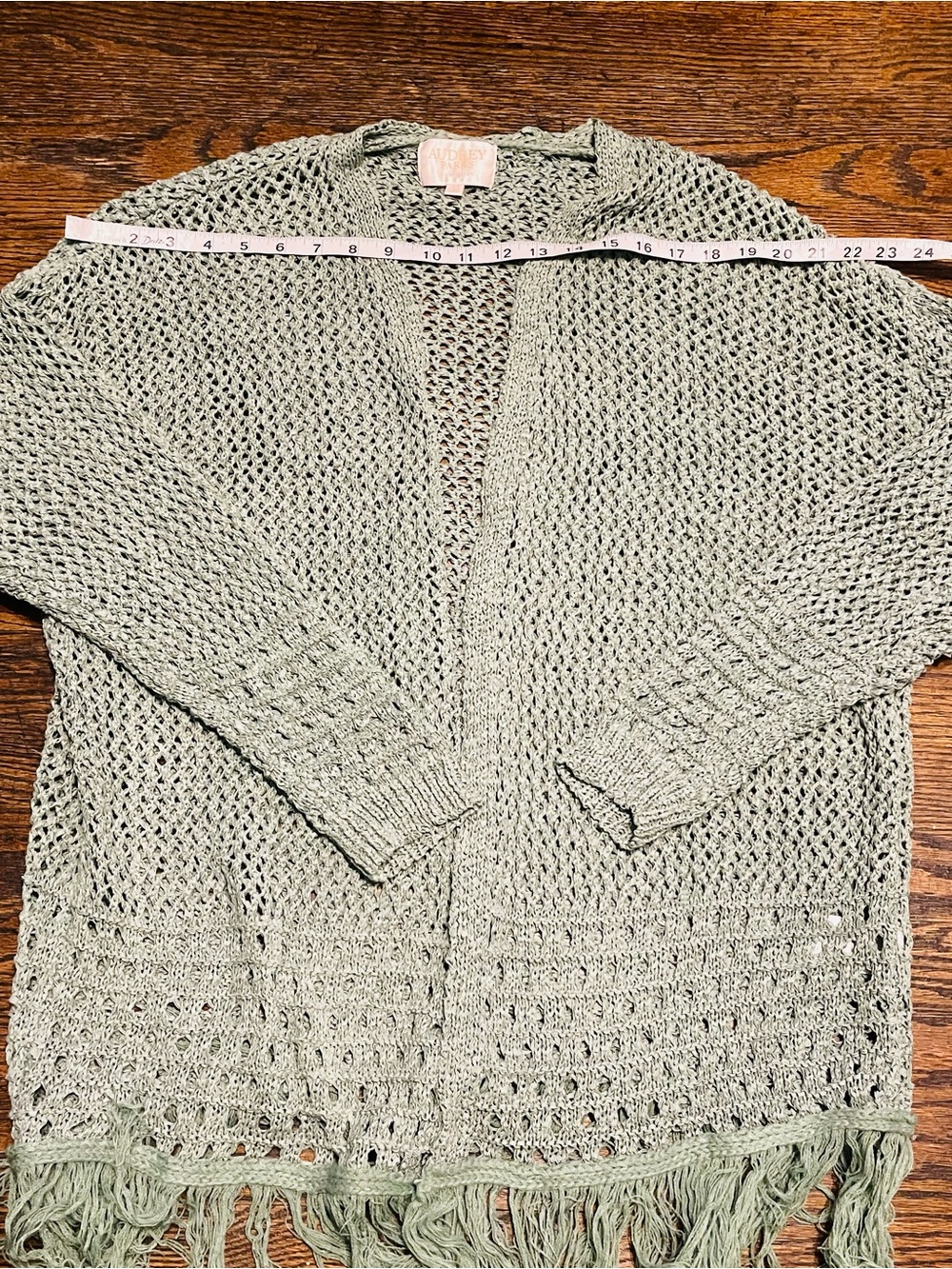 Audrey parks boho Lightweight Olive Green Crochet Fringe Cardigan Sweater L - Picture 10 of 14